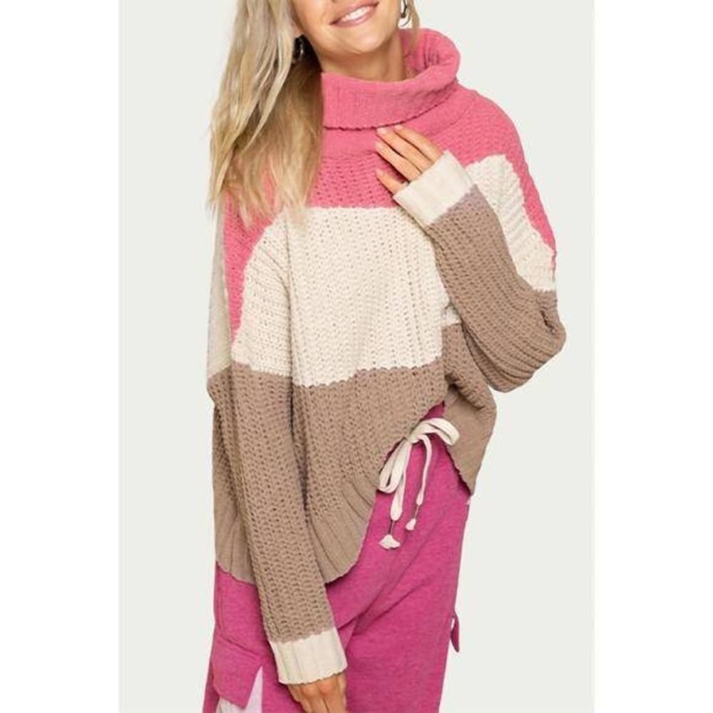 POL Chunky Knit Oversized Sweater Chanille Colorblock Turtleneck Boxy L‎